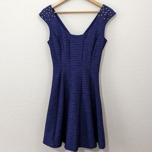 Guess Fit and Flare Dress with Gold Studded Embellishments, Navy Blue